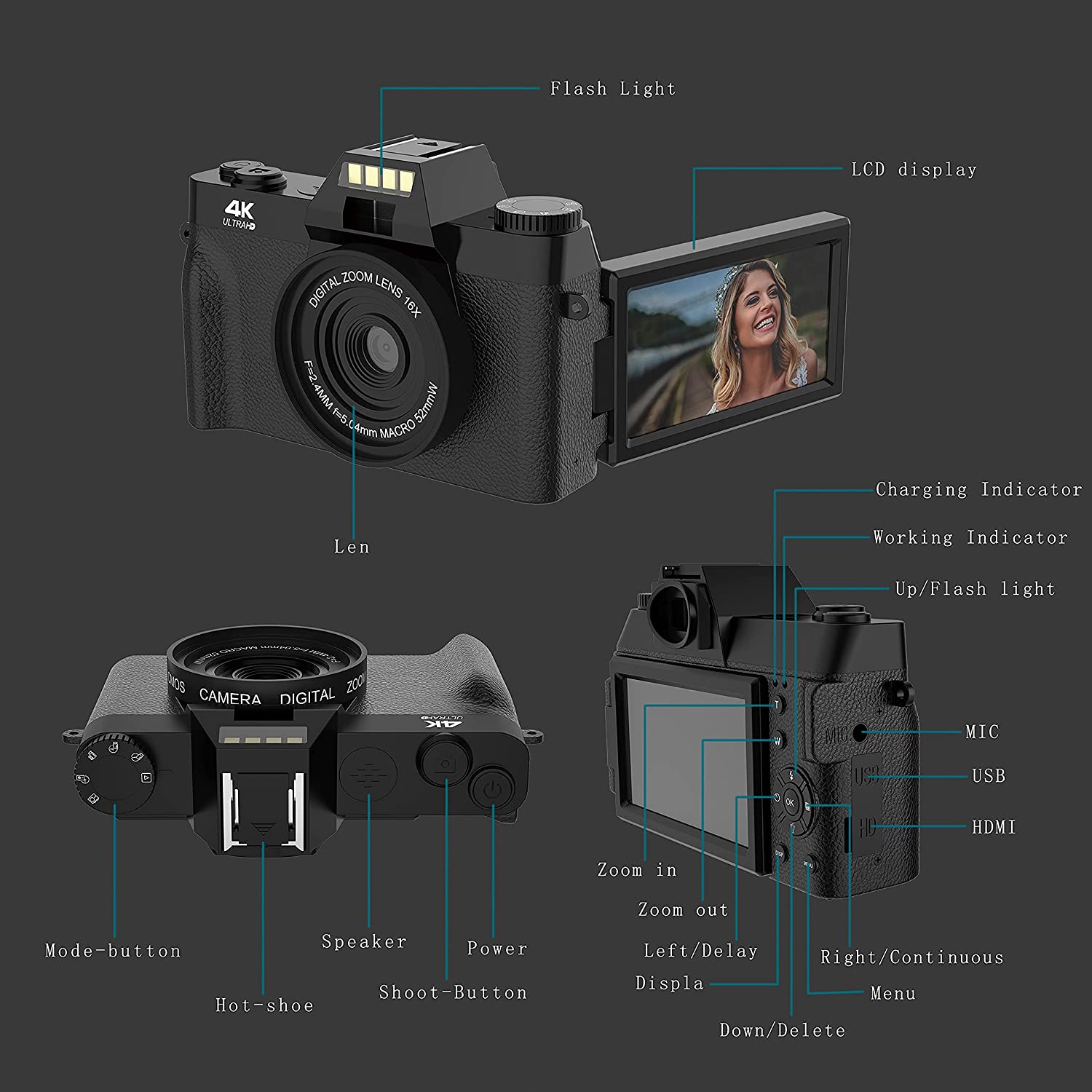 Appareil Photo Numérique 4K 48MP pour Vlogging, Caméra Vidéo YouTube, Kit Vlogueur, Appareil Photo de Voyage